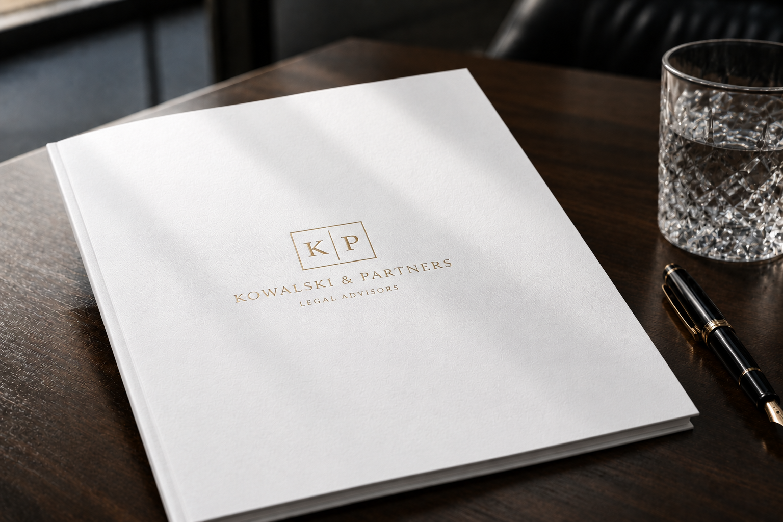 Elegancka, biała teczka prawnicza z minimalistycznym, logo tłoczonym złotą folią, leżąca na ciemnym orzechowym stole konferencyjnym. Obok luksusowe czarne pióro wieczne i szklanka wody. Miękkie, kierunkowe światło dzienne z okna tworzy subtelne cienie. Luksusowa, godna zaufania i profesjonalna atmosfera. Fotorealistyczne, tekstura papieru o wysokiej szczegółowości.