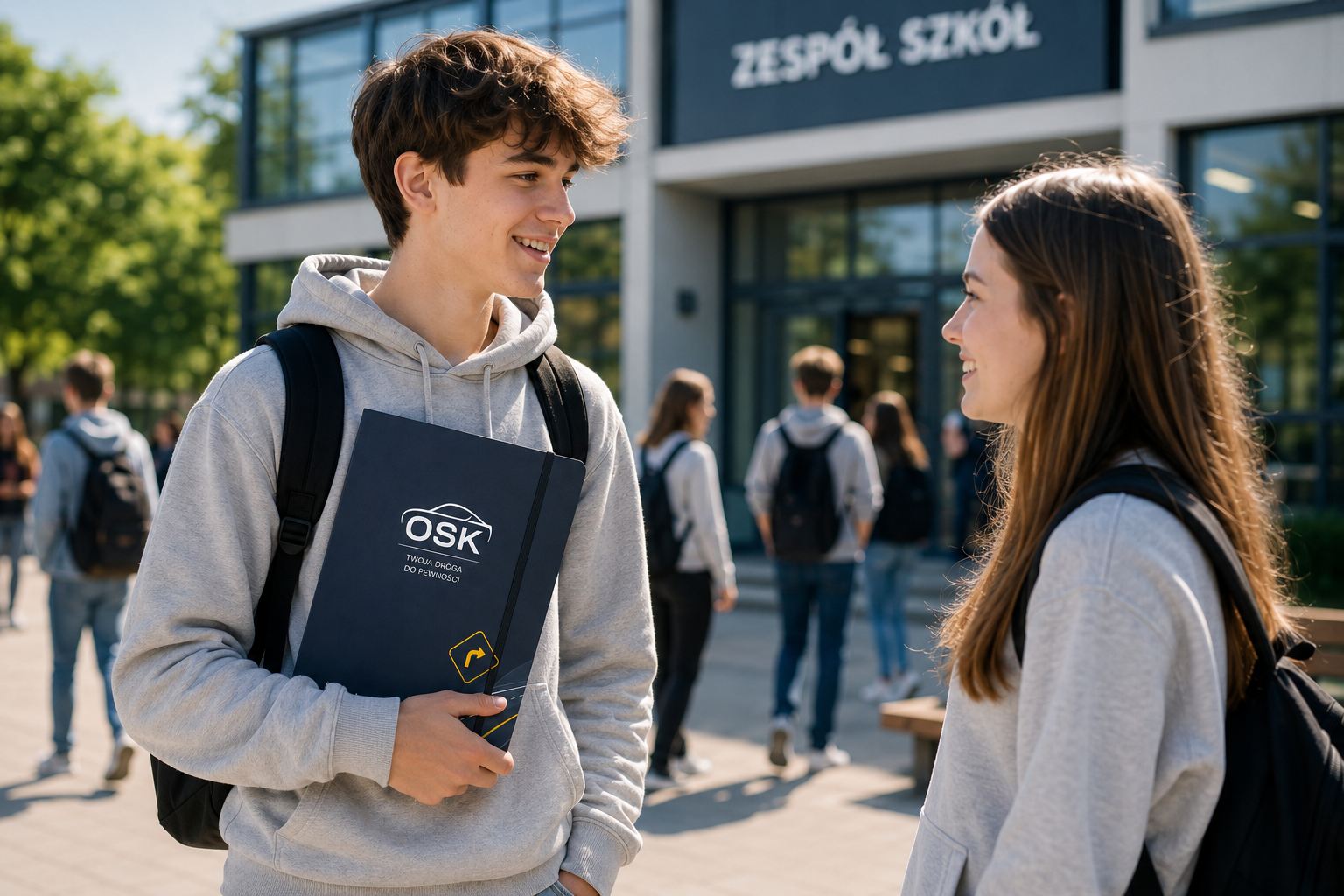 Teczka OSK – 8 Młody kursant trzymający teczkę reklamową z logo szkoły jazdy przed budynkiem szkoły średniej.