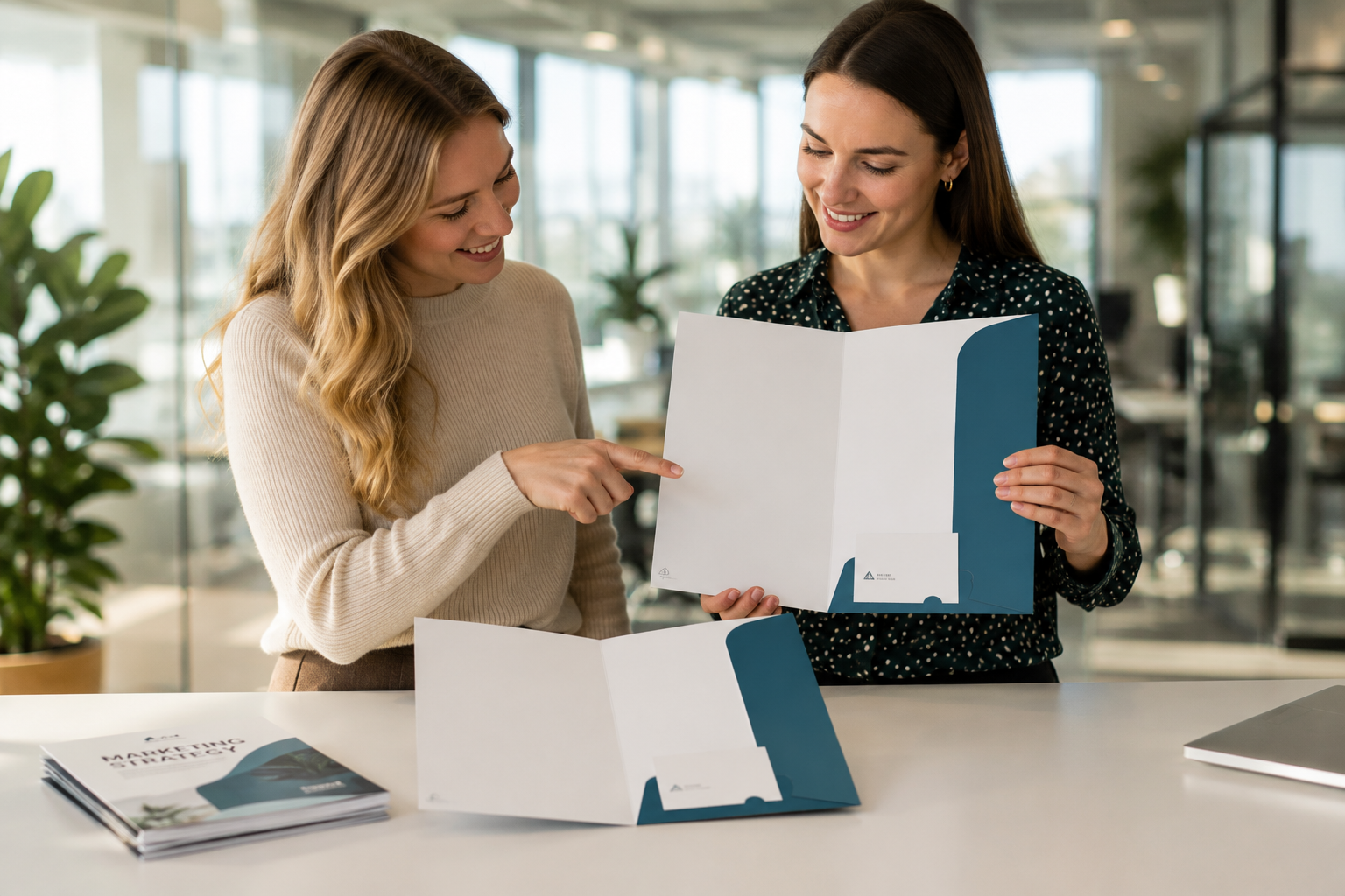 Teczka ofertowa A5 vc2-3 Specjalistki ds. marketingu w biurze porównują pojemność dwóch modeli teczek firmowych A5 o różnej szerokości grzbietu.