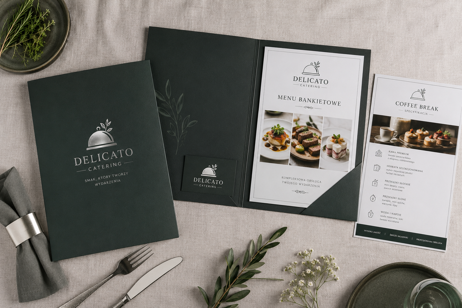 Spójny zestaw materiałów reklamowych dla cateringu: teczka A4 z logo, broszura menu bankietowego i wkładki.