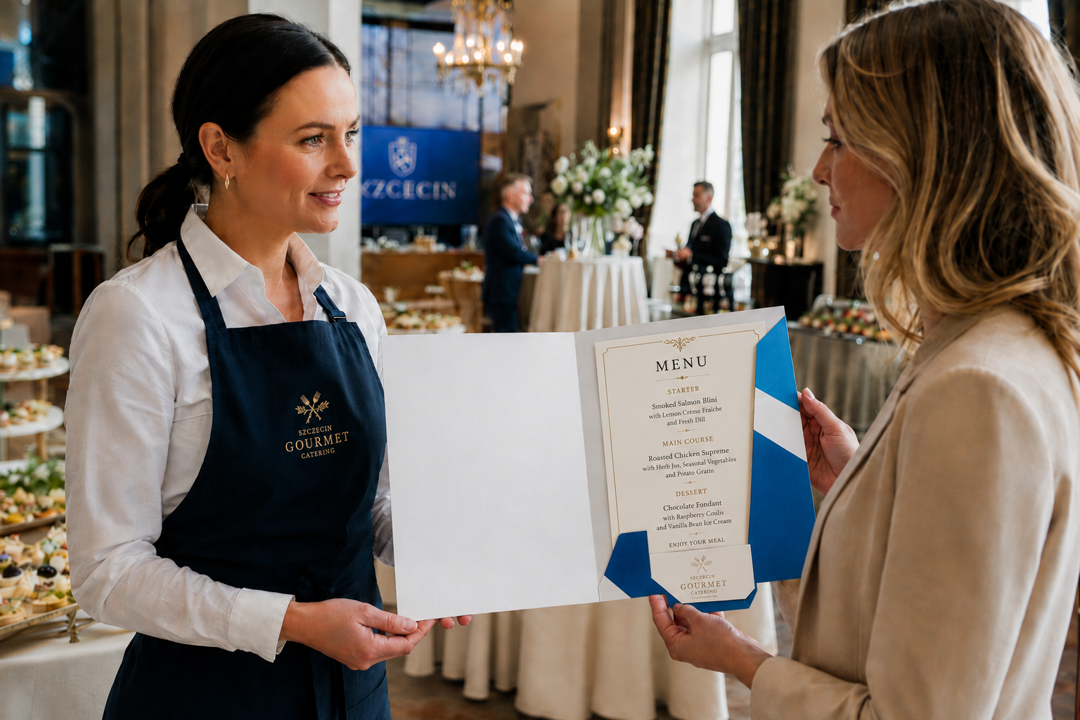 Menedżerka cateringu przekazuje teczkę ofertową A4 V1 z logo i menu koordynatorowi wydarzeń.