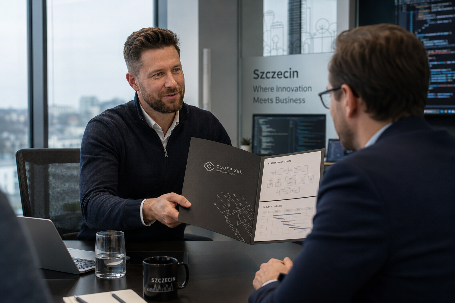 Przedstawiciel software house'u w Szczecinie przekazuje klientowi teczkę ofertową A4 z dokumentacją wdrożeniową.