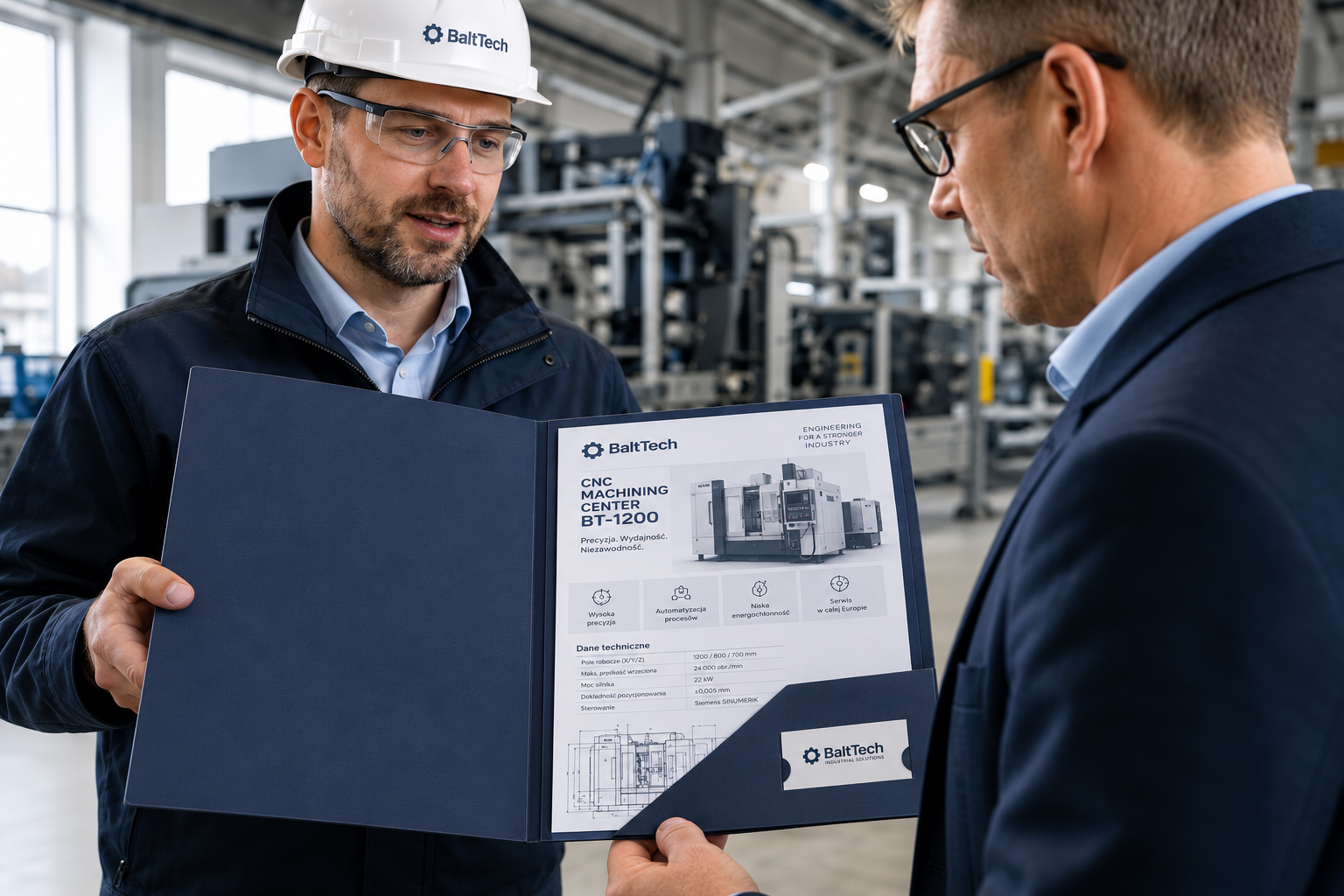 Inżynier sprzedaży w hali produkcyjnej przekazuje klientowi teczkę ofertową A4 ze specyfikacją techniczną maszyny.