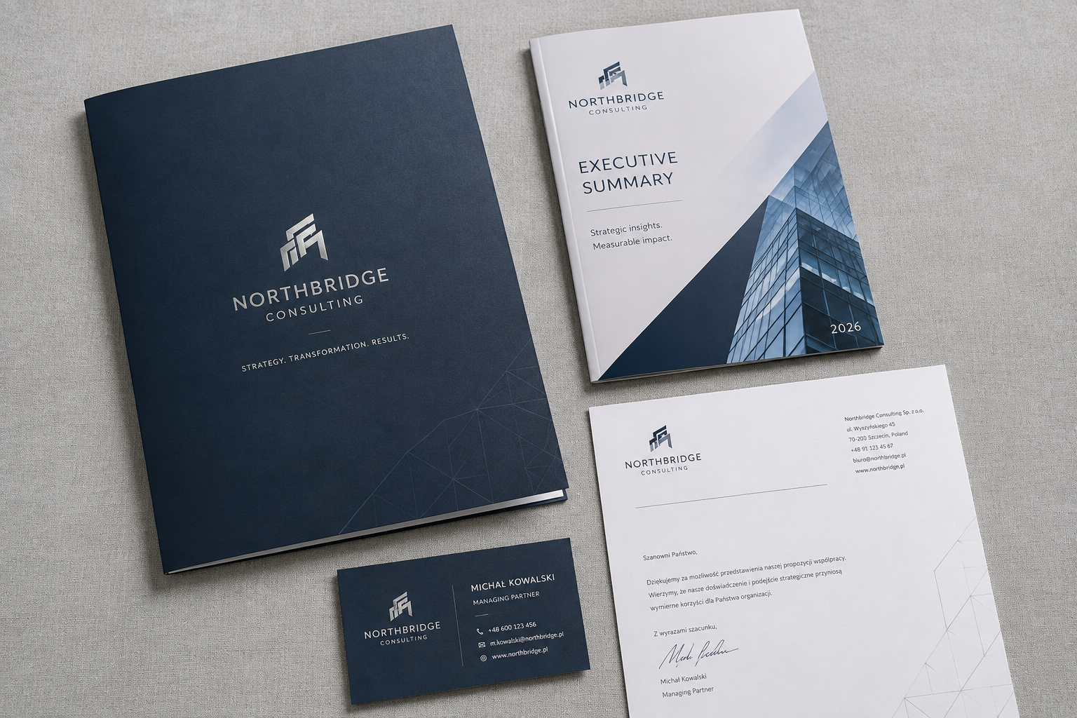 Spójny zestaw materiałów biurowych dla firmy consultingowej: teczka A4 z logo, raport i wizytówka.