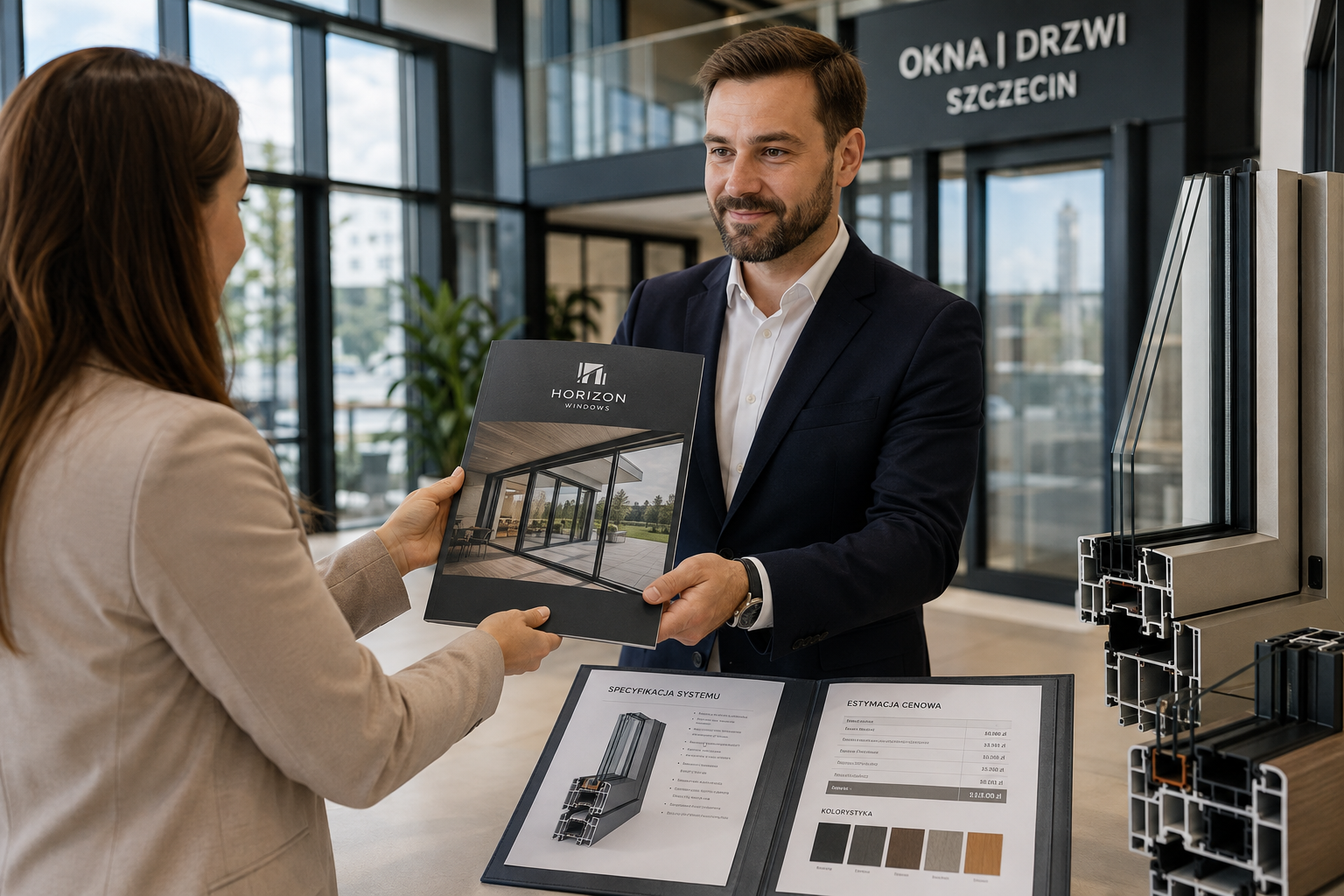 Przedstawiciel handlowy w salonie okien w Szczecinie przekazuje klientowi teczkę ofertową A4 ze specyfikacją i kosztorysem.