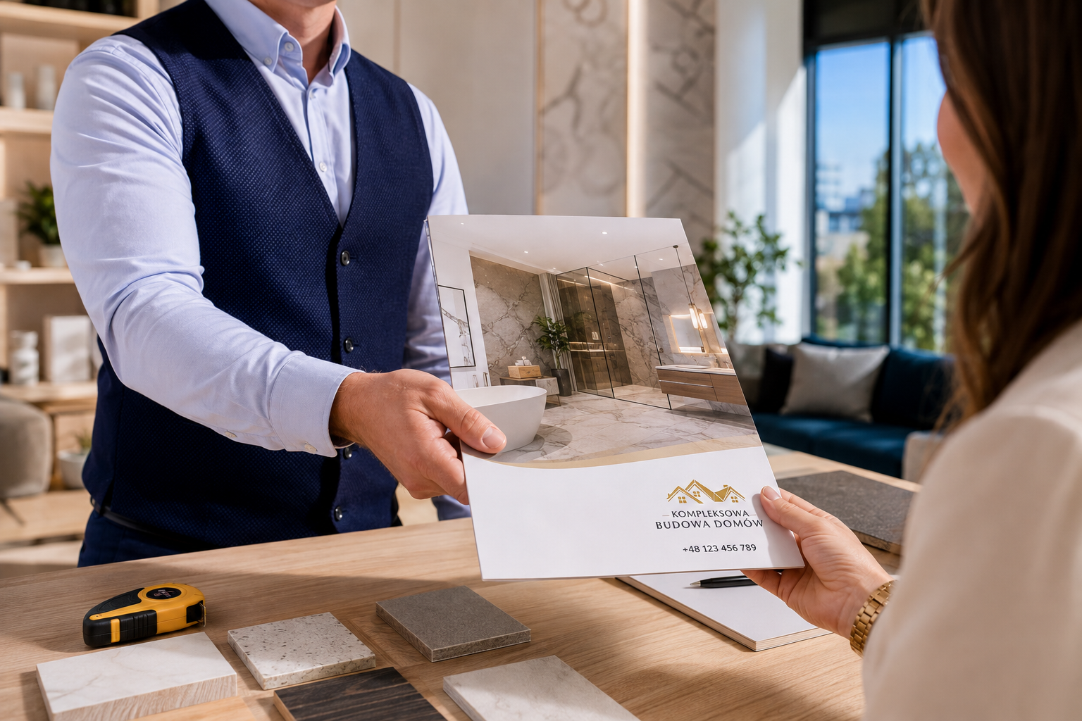 Przedstawiciel firmy remontowej przekazuje inwestorowi teczkę ofertową A4 z fotografią własnej realizacji.