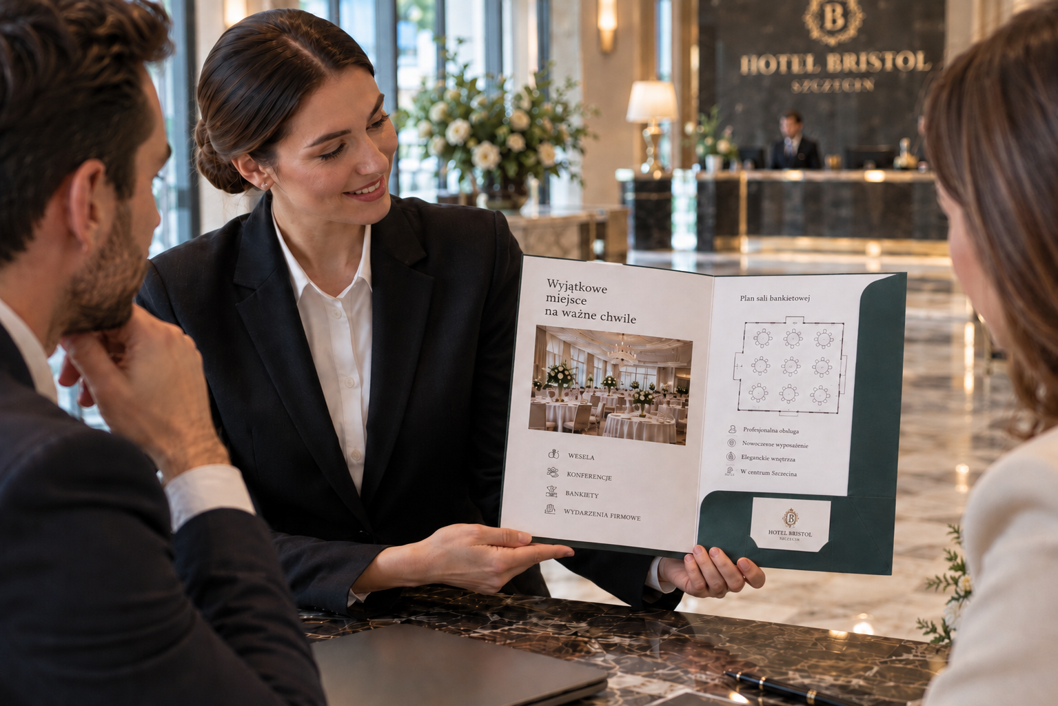 Menedżer hotelu w Szczecinie przekazuje klientom elegancką teczkę ofertową A4 V1 ze złotym logo i ofertą weselną.