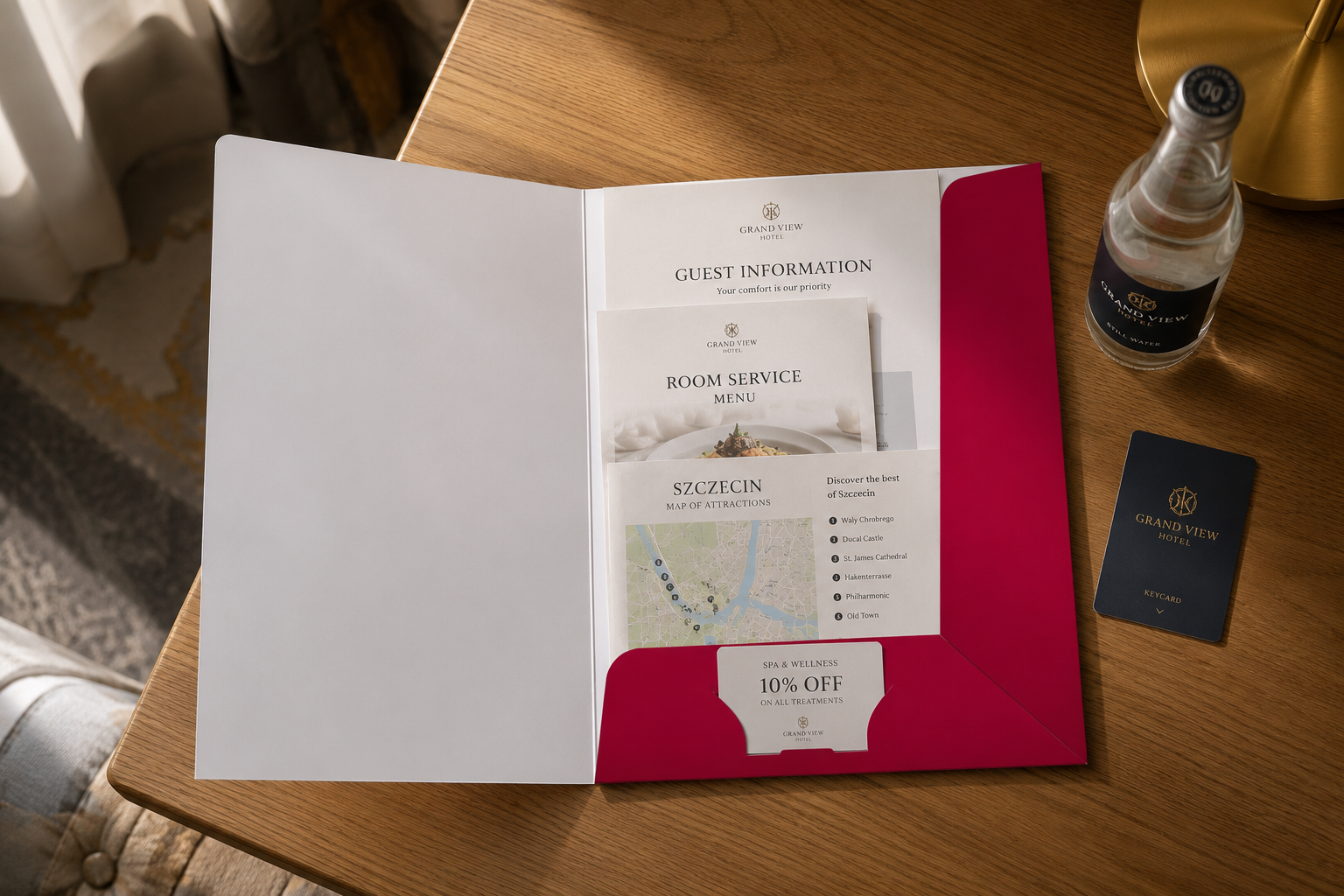 Otwarta teczka hotelowa z pakietem powitalnym, menu room service i kartą atrakcji na biurku w pokoju gościnnym.