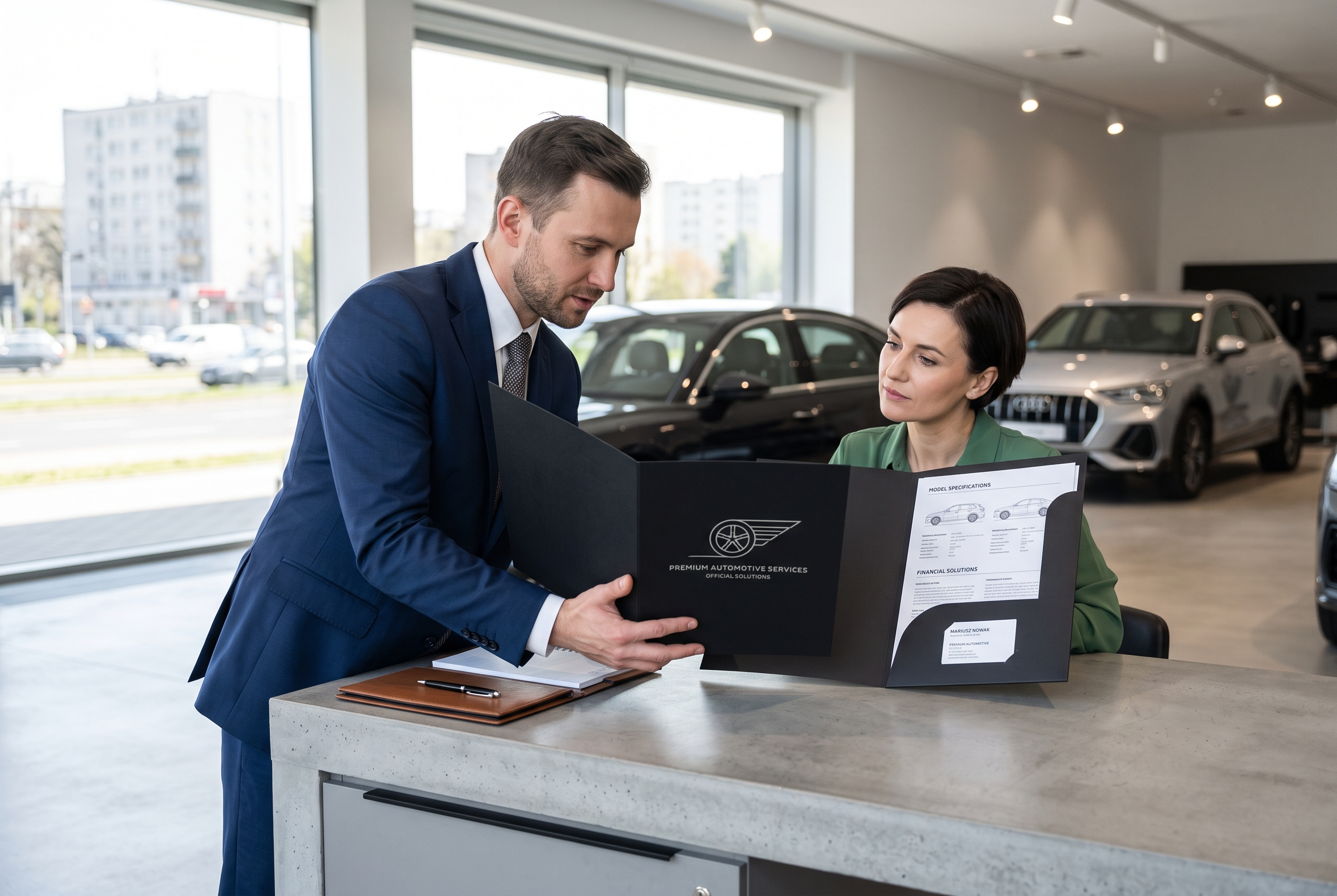 Doradca handlowy w salonie samochodowym w Szczecinie przekazuje klientowi teczkę ofertową A4 V1 z konfiguracją auta i finansowaniem.