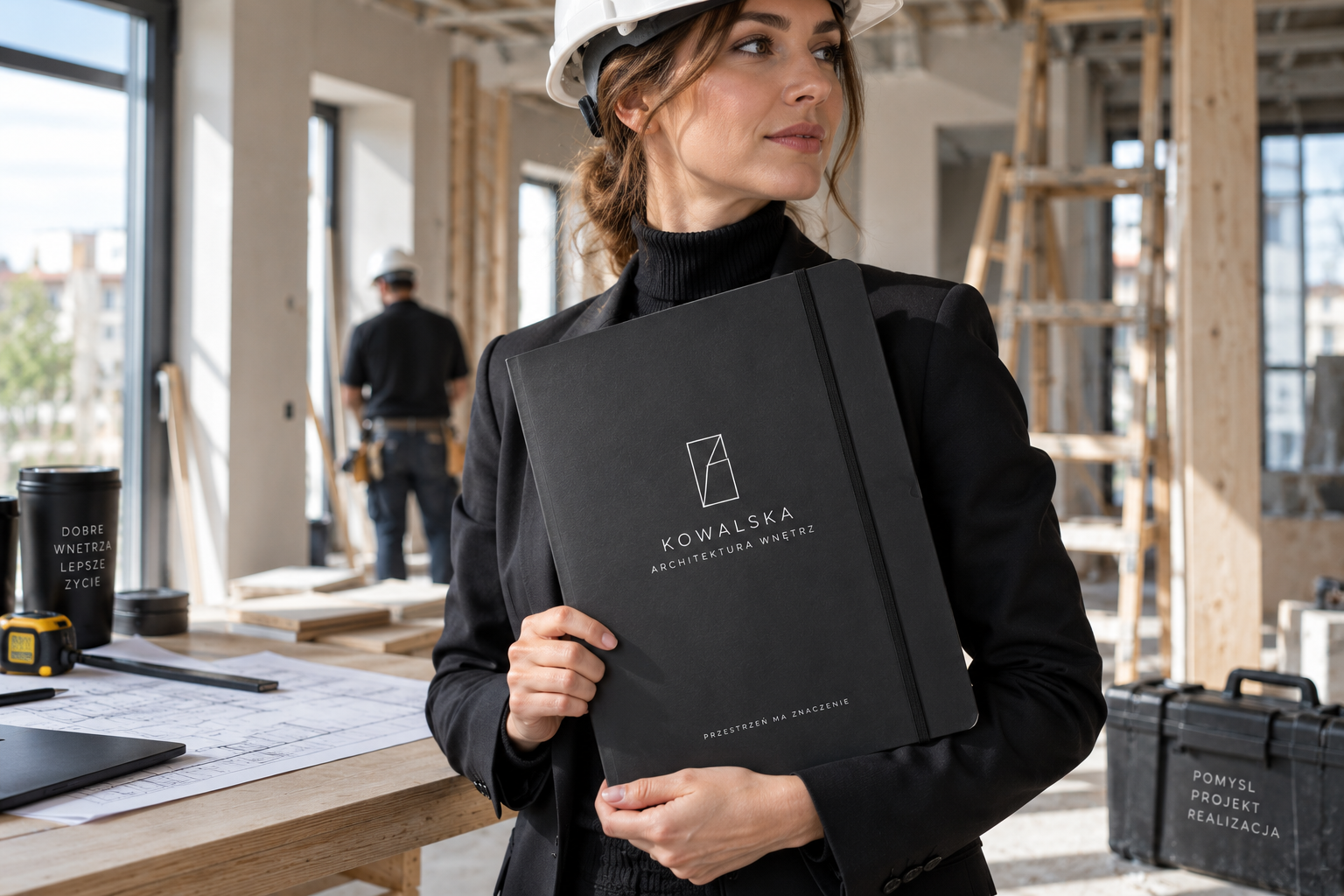 Teczka A4 zamykana na gumkę z logo pracowni architektonicznej trzymana na placu budowy.