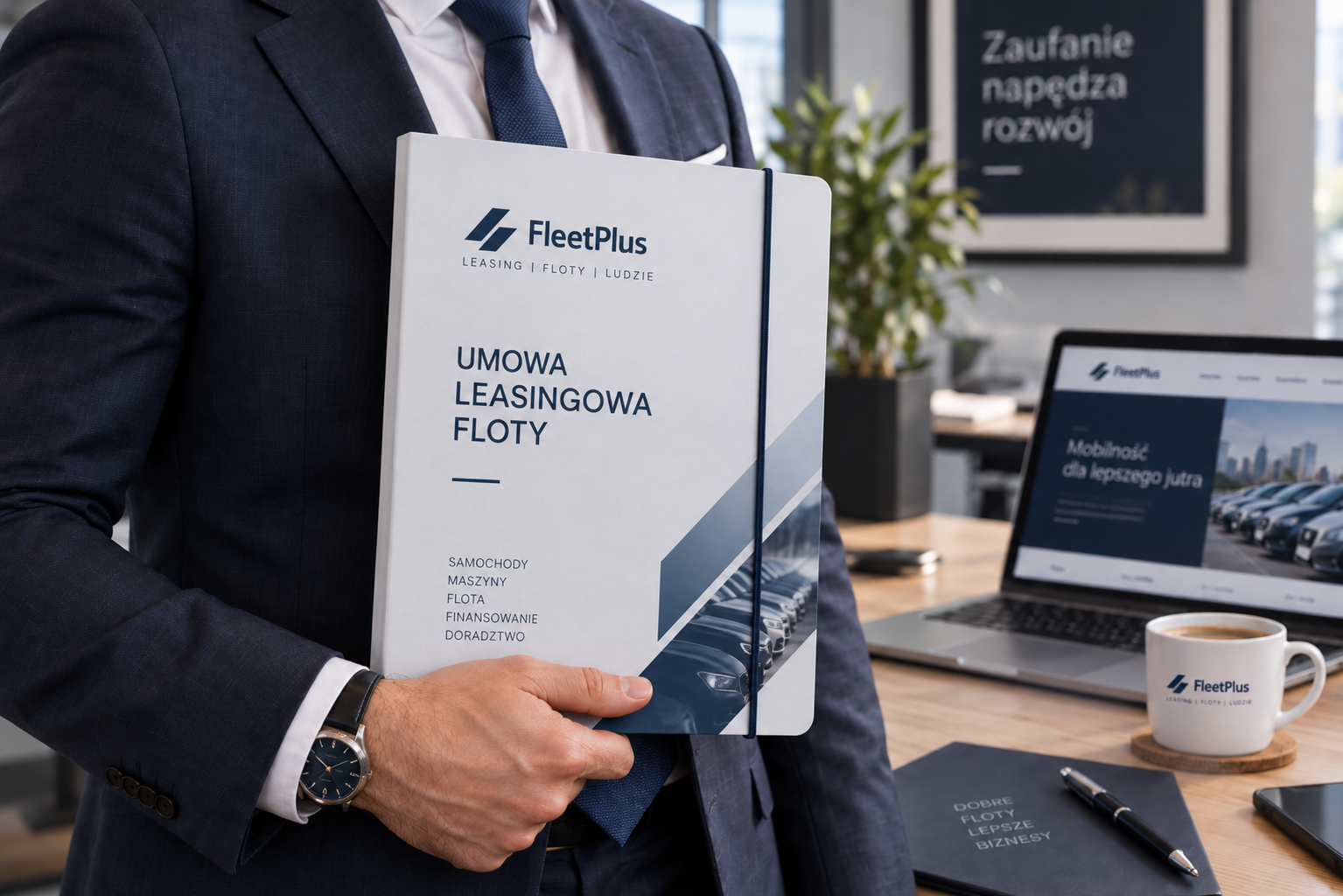 Pojemna dwuczęściowa teczka A4 z gumką VD2 z logo firmy flotowej trzymana przez menedżera w biurze.