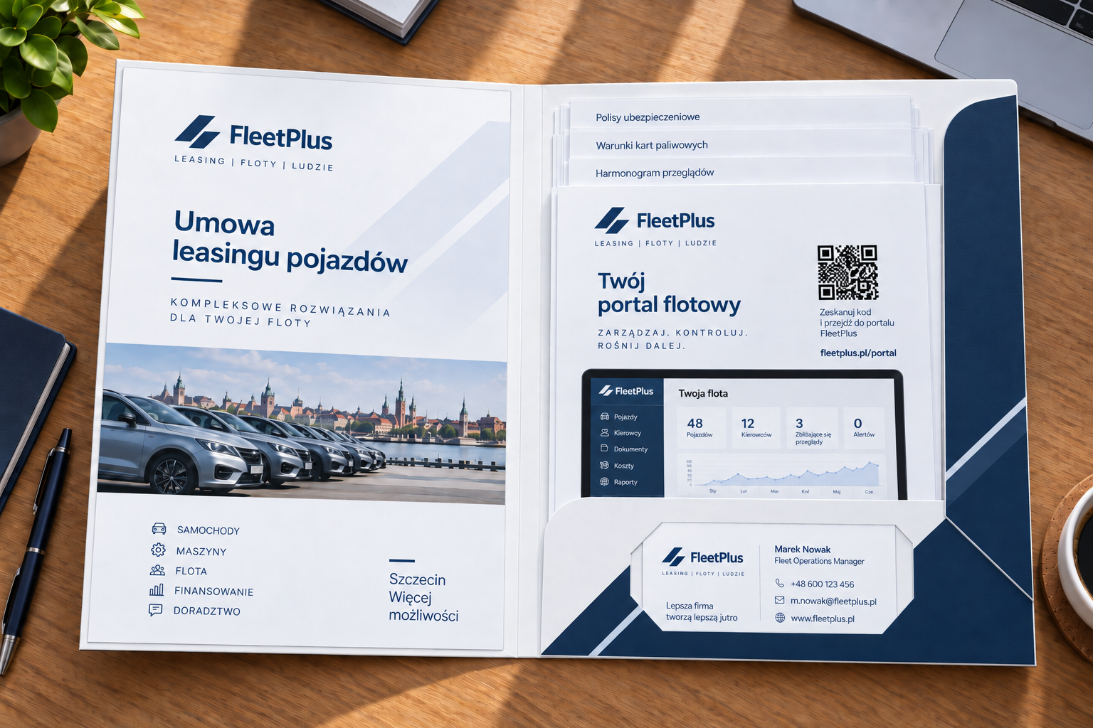 Otwarta teczka firmowa A4 VD2 składana na pół z grzbietem 10 mm zawierająca gruby plik umów flotowych i wizytówkę.