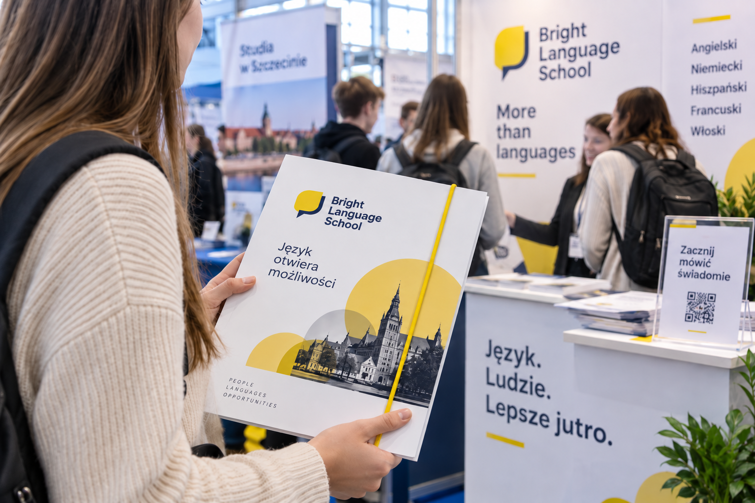 Teczka A4 zamykana na gumkę z logo szkoły językowej trzymana przez kandydata podczas targów edukacyjnych.