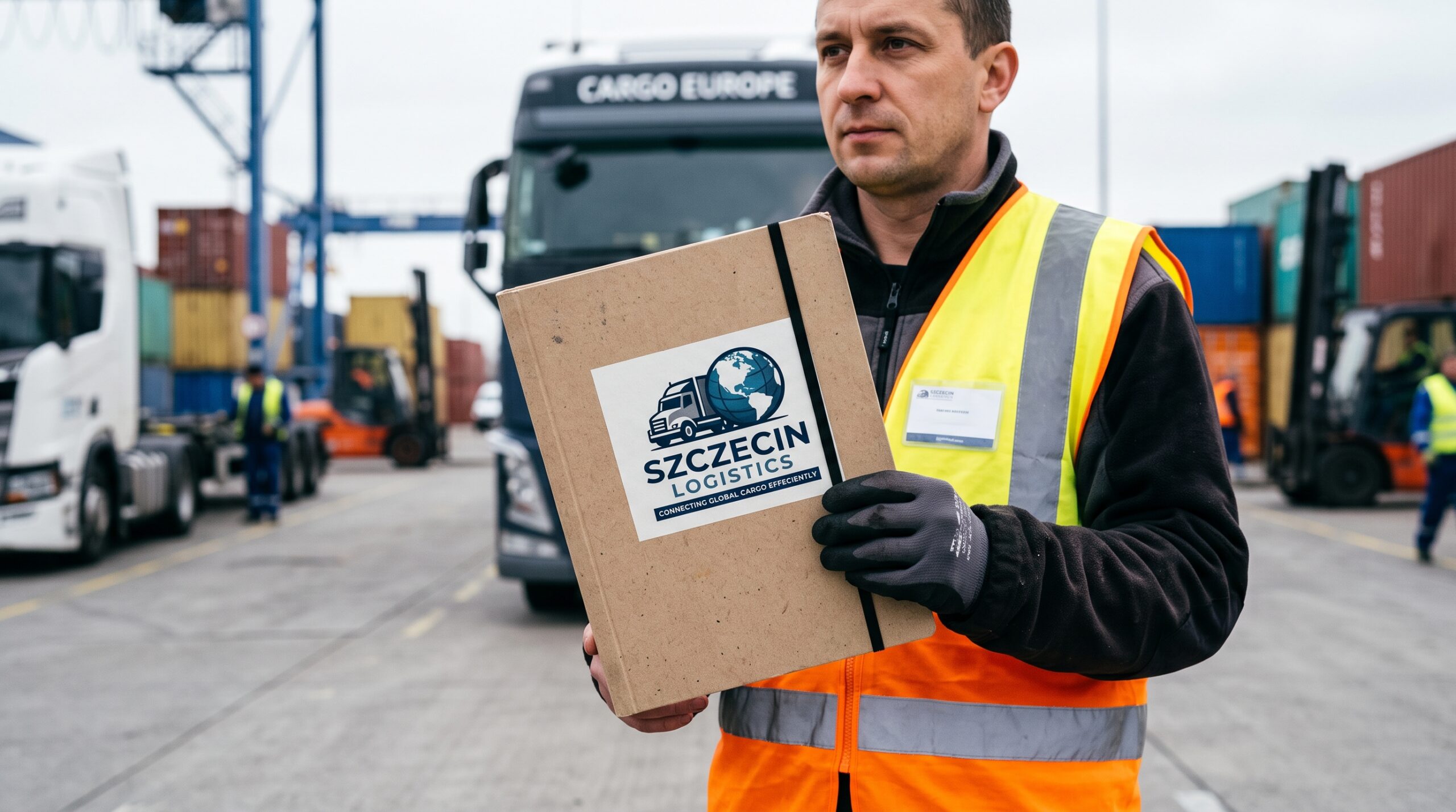 Teczka A4 zamykana na gumkę z logo firmy transportowej trzymana na terenie terminala przeładunkowego.