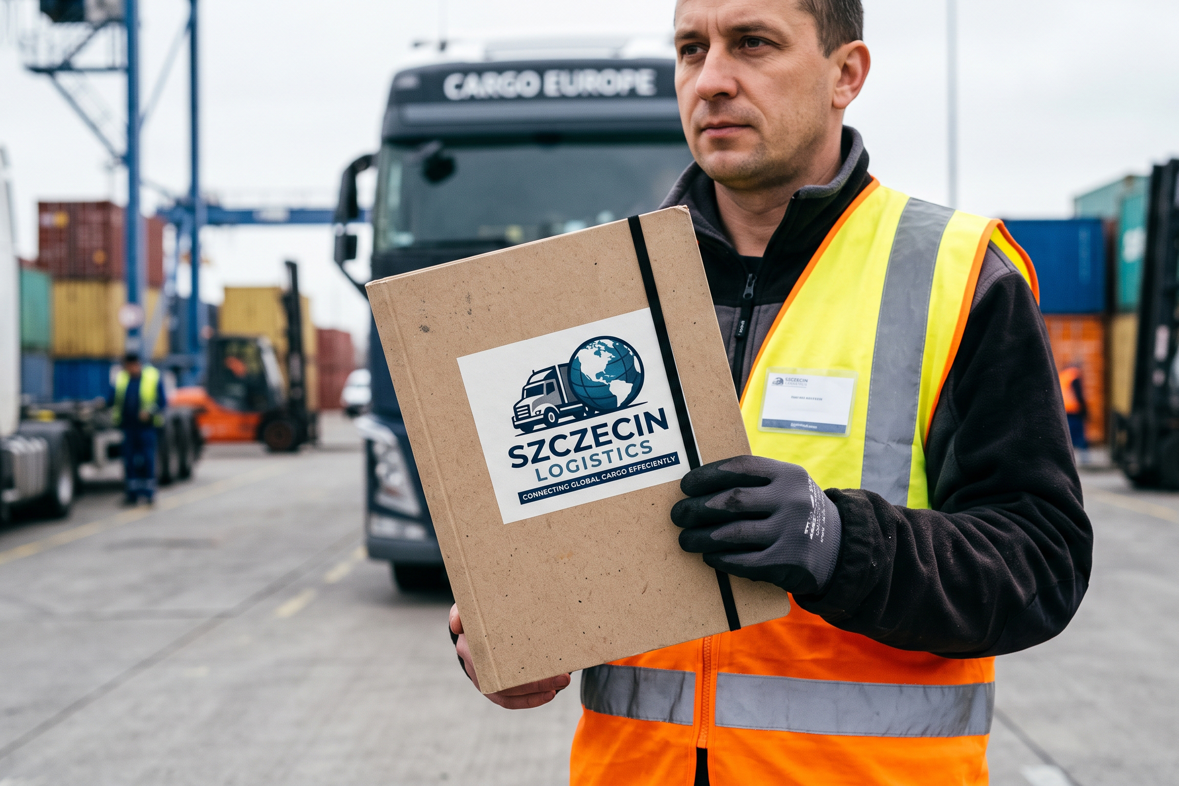 Teczka A4 zamykana na gumkę z logo firmy transportowej trzymana na terenie terminala przeładunkowego.